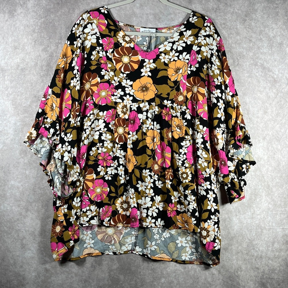 Emily Wonder Top Womens 1X Multicolor Floral Babydoll Boho Feminine Casual NEW